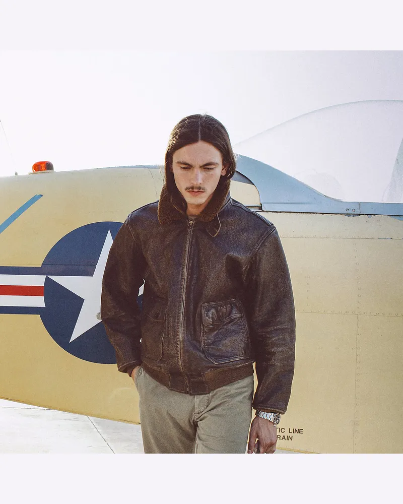 Ralph Lauren Leder-Fliegerjacke mit Lammfellkragen Brown