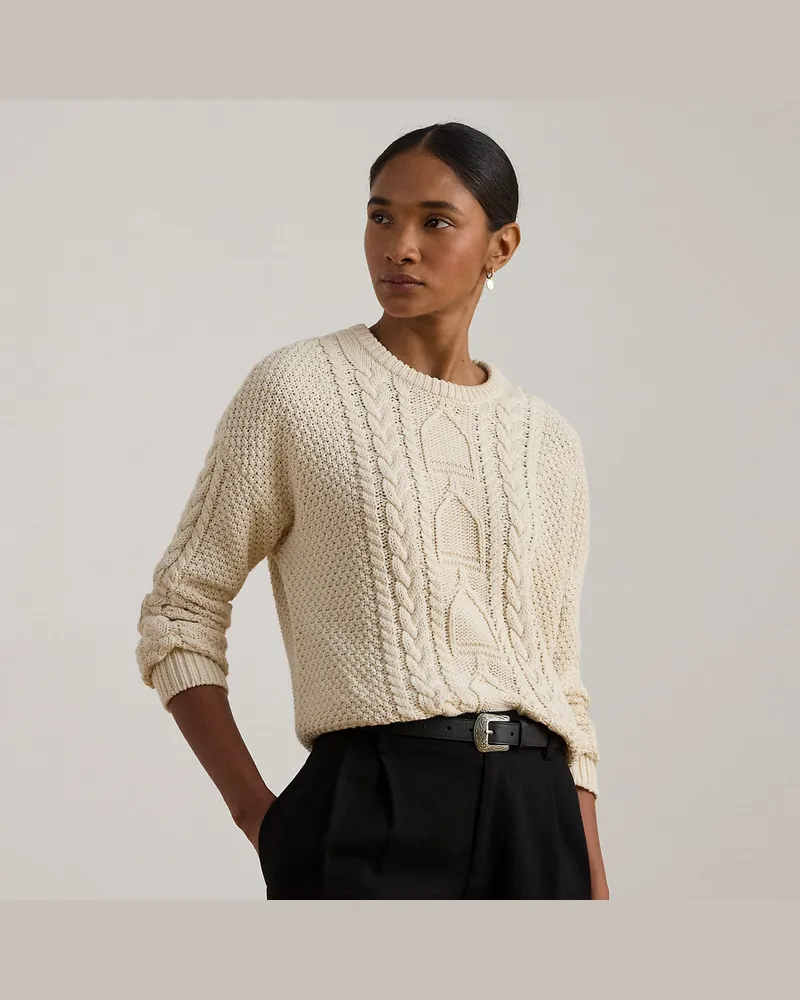 Ralph Lauren Baumwoll-Rundhalspullover mit Zopfmuster Cream