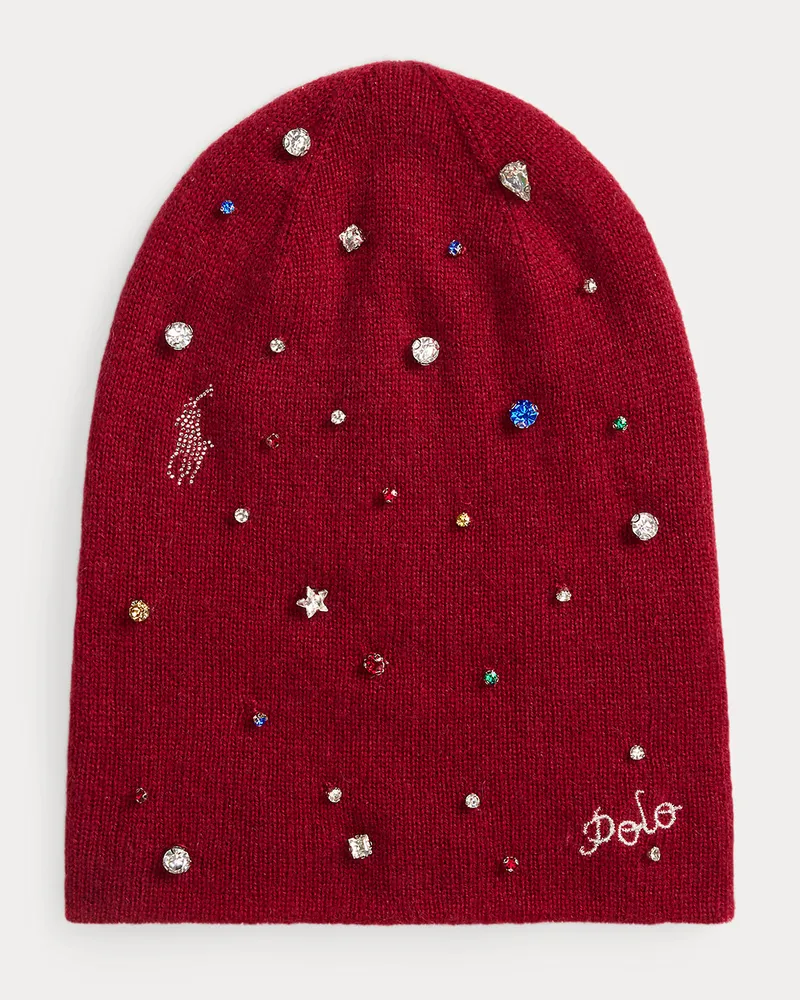 Ralph Lauren Woll-Kaschmir-Mütze mit Schmucksteinen Red