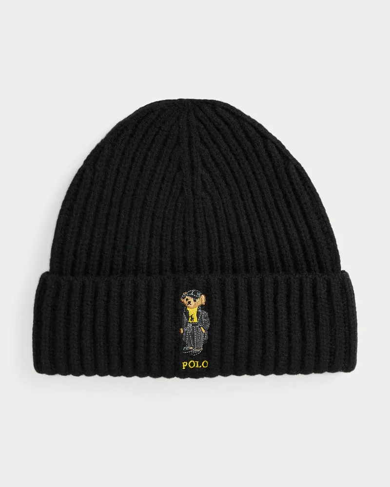 Ralph Lauren Rippenstrick-Wollmütze mit Polo Bear Black