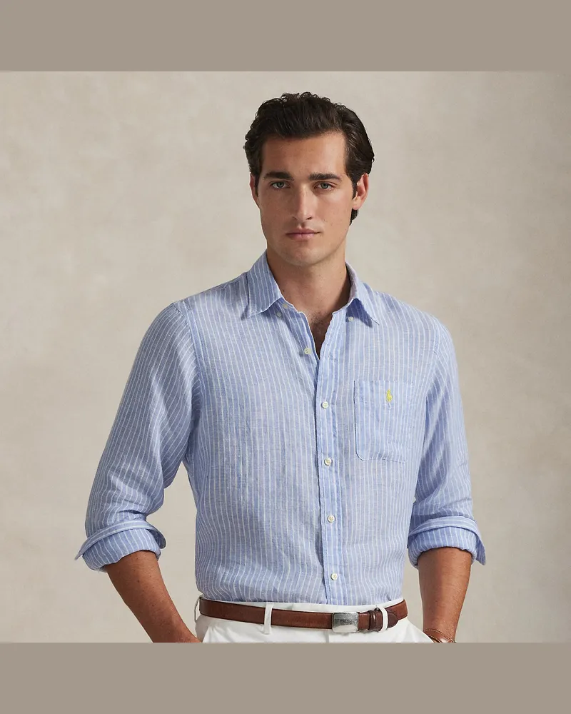 Ralph Lauren Gestreiftes Custom-Fit Leinenhemd Blue