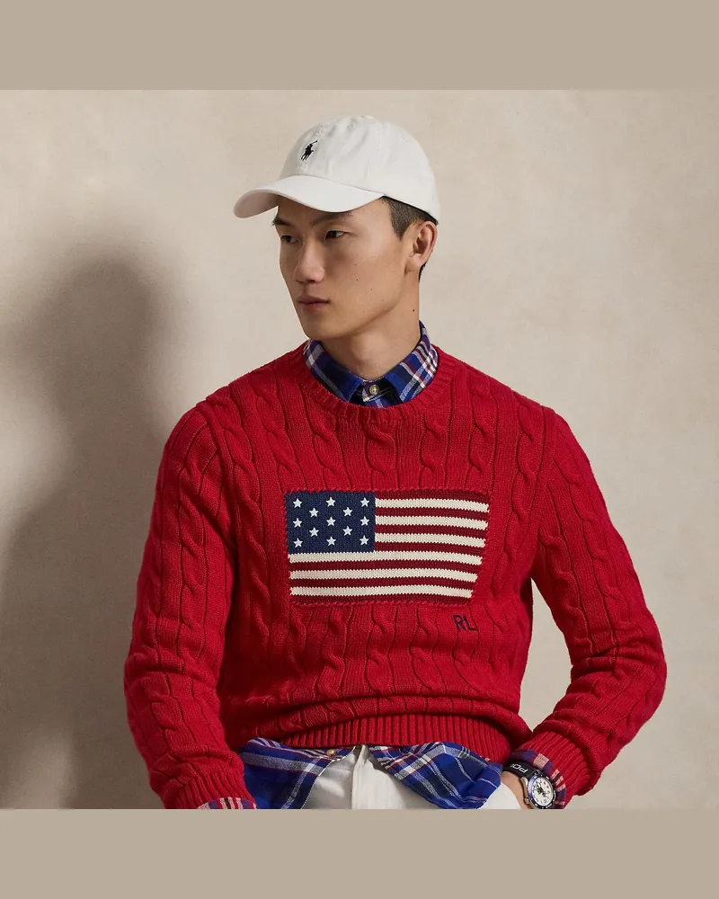 Ralph Lauren Pullover mit Zopfmuster und US-Flagge Red