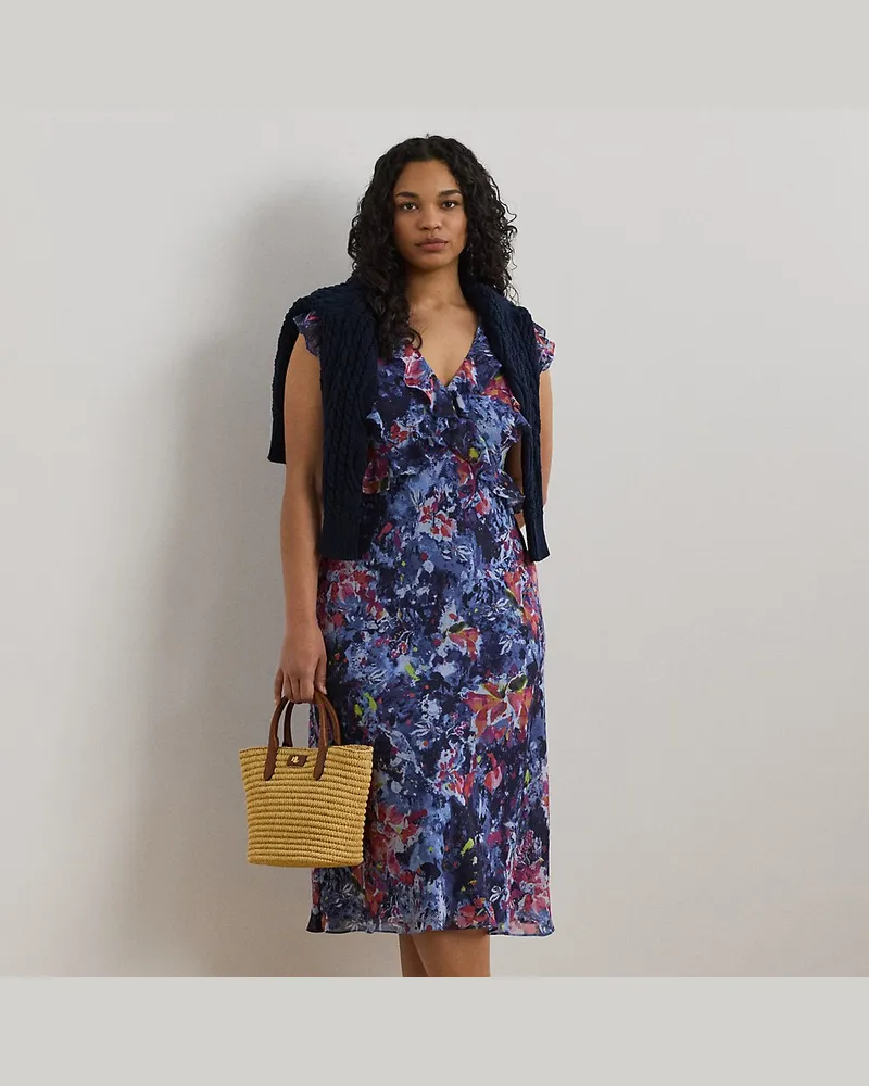 Ralph Lauren Plus Größen - Georgette-Midikleid mit Rüschenbesatz Blue
