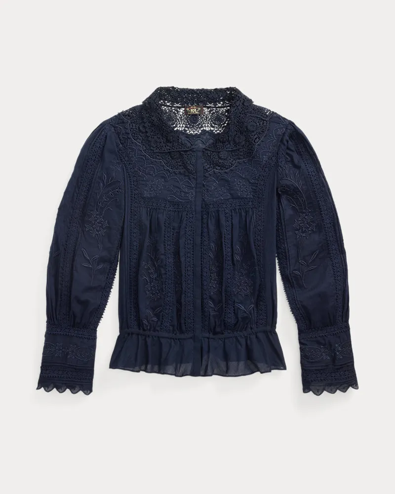 Ralph Lauren Bestickte Bluse aus Baumwollvoile Blue