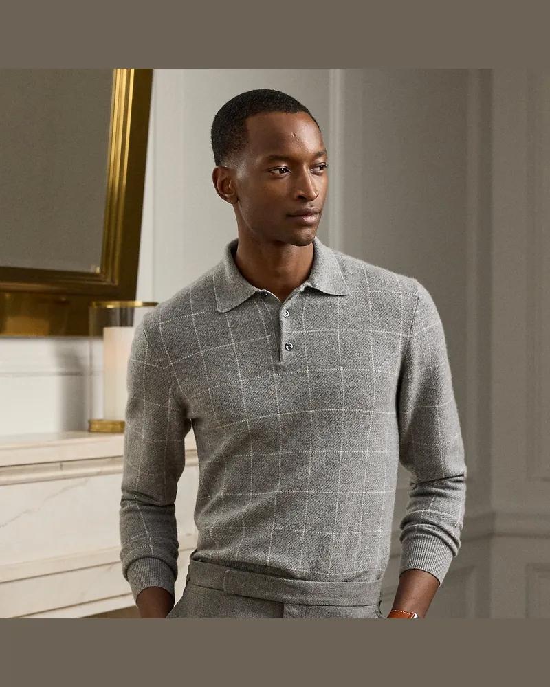 Ralph Lauren Karo-Kaschmirpullover mit Polokragen Grey