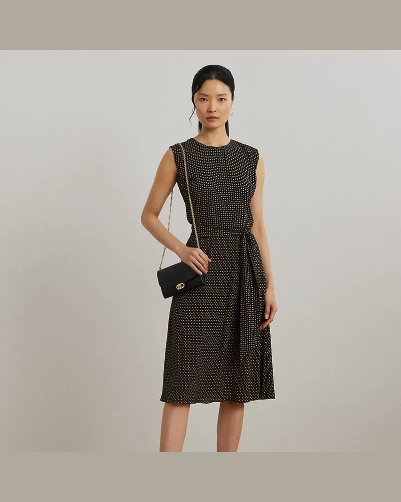 Ralph Lauren Gemustertes Crêpe-Midikleid mit Gürtel Black
