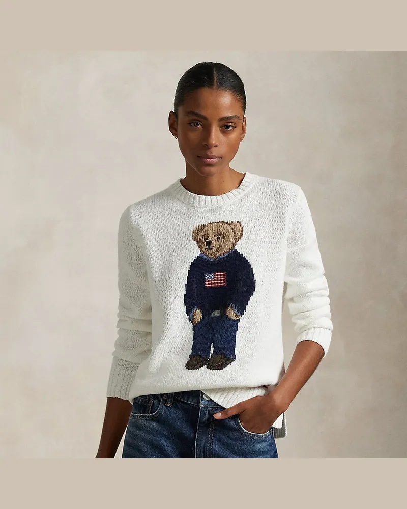 Ralph Lauren Leinen-Baumwoll-Pullover mit Polo Bear White