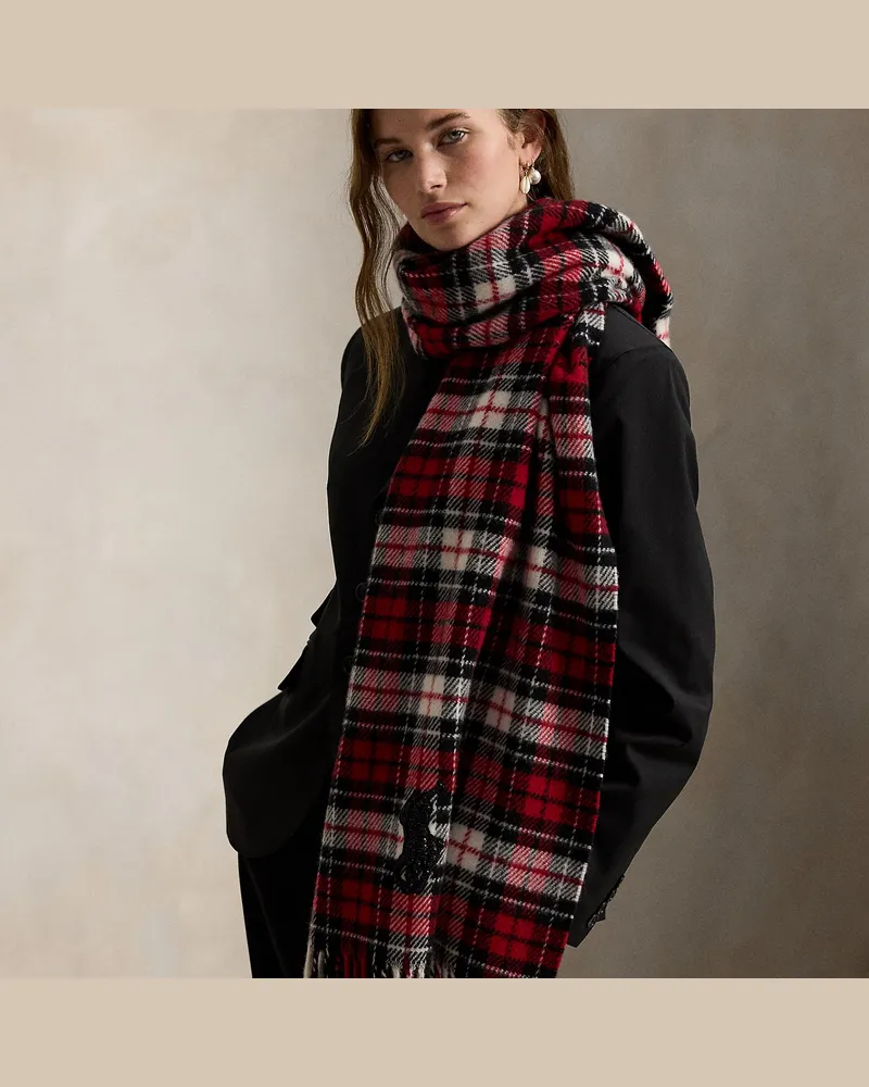 Ralph Lauren Karierter Wollschal mit Perlen-Big Pony Red