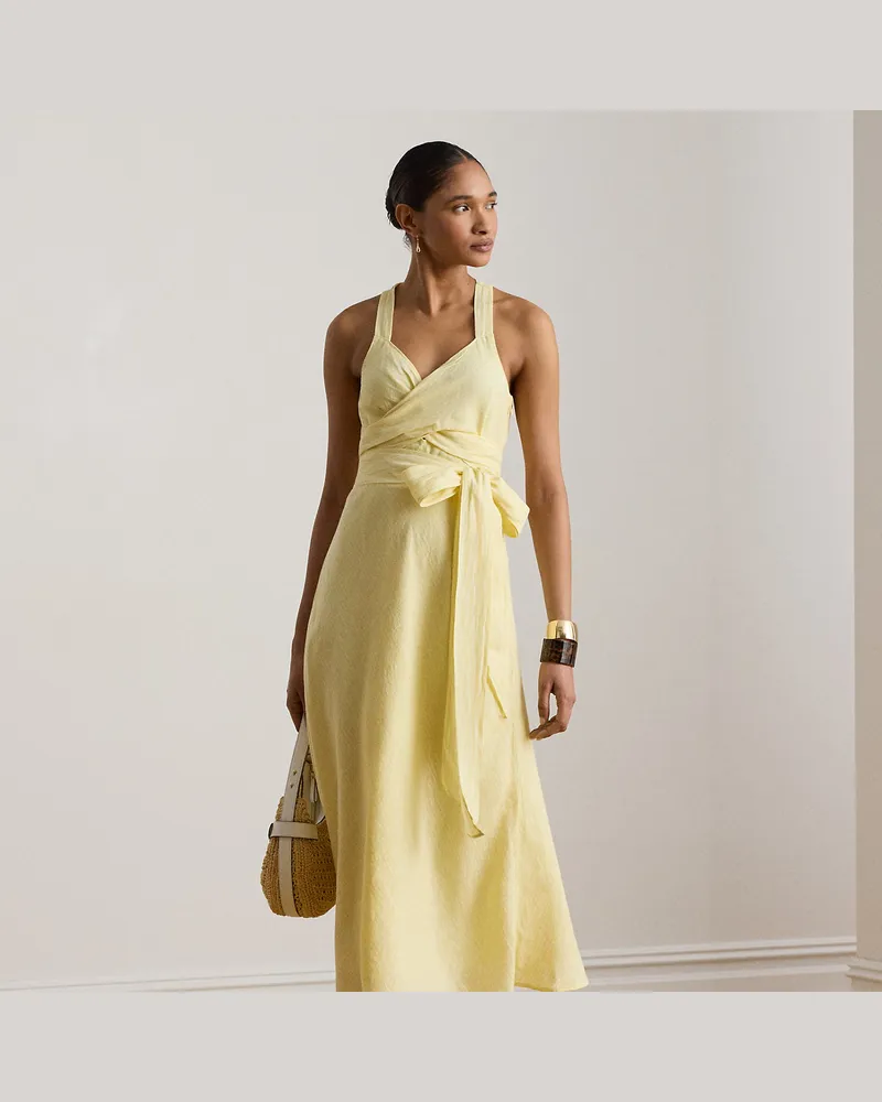 Ralph Lauren Gestreiftes Midikleid mit Schnürdetail Yellow