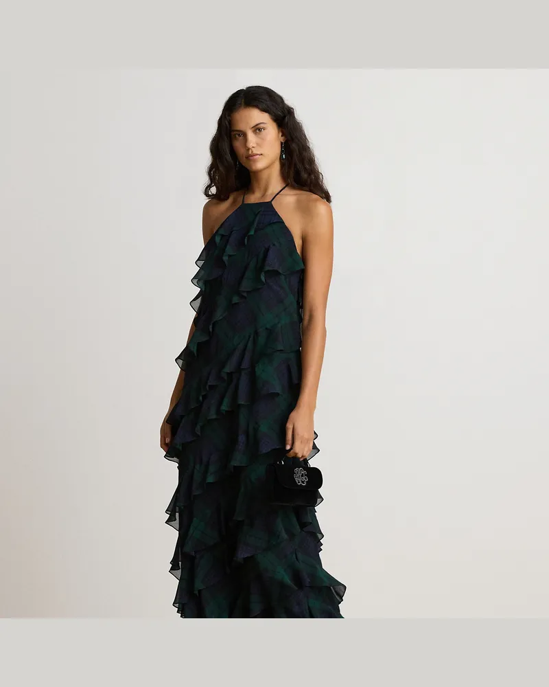 Ralph Lauren Neckholderkleid mit Rüschen und Karo Blue