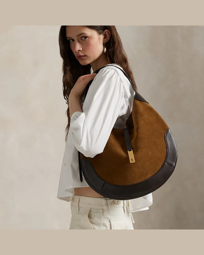 Ralph Lauren Große Schultertasche Polo ID aus Wildleder Brown