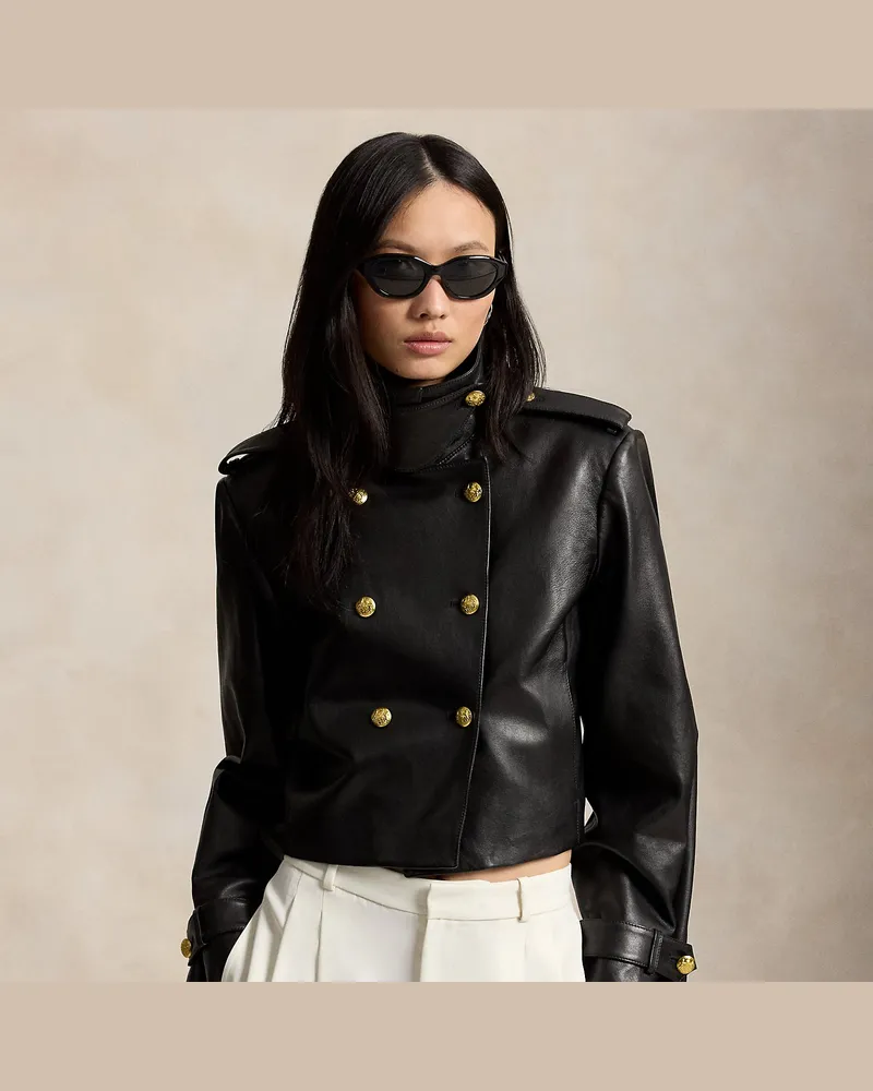 Ralph Lauren Verkürzte zweireihige Lederjacke Black