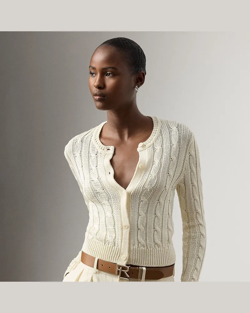 Ralph Lauren Kurze Zopfmuster-Strickjacke aus Seide Cream