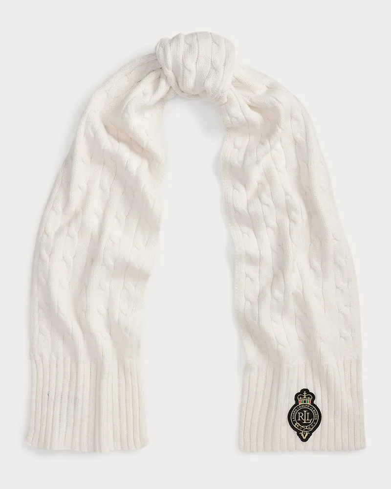 Ralph Lauren Schal mit Zopfmuster und Wappenaufnäher Cream