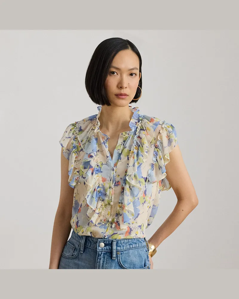 Ralph Lauren Geblümte Georgette-Bluse mit Rüschen Blue