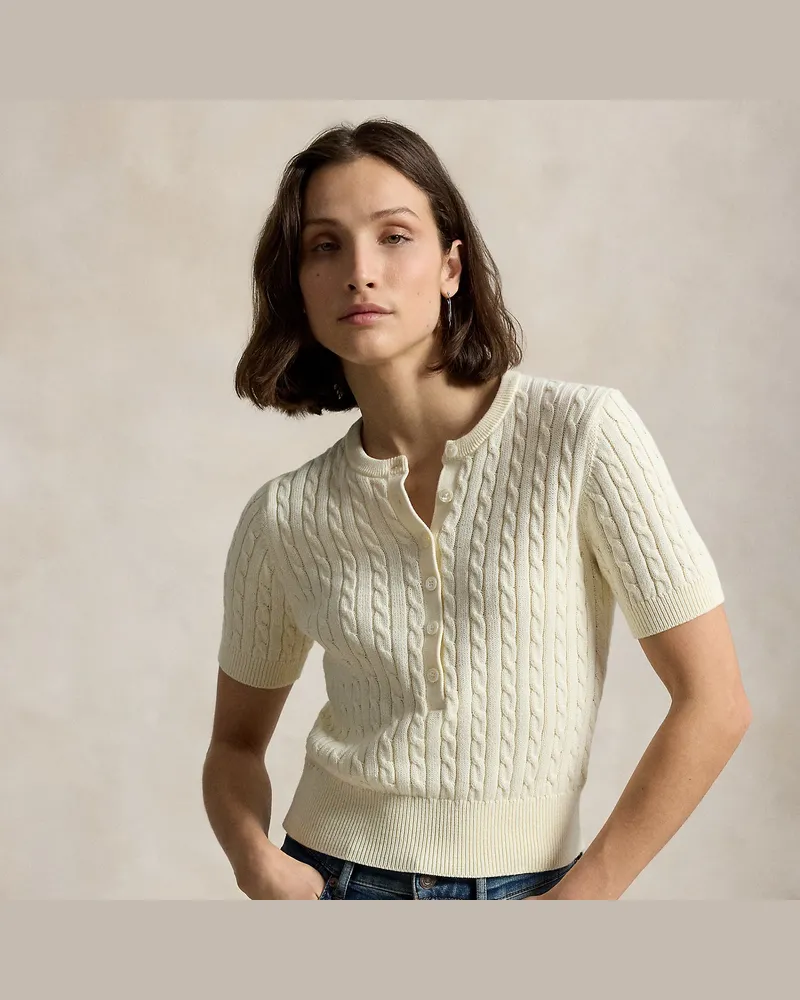 Ralph Lauren Henley-Kurzarmpullover mit Zopfmuster Cream