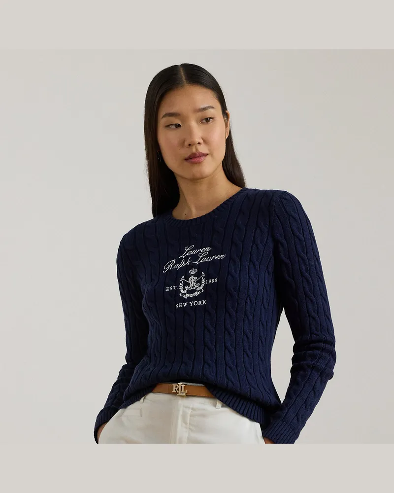 Ralph Lauren Zopfmusterpullover mit gesticktem Wappen Blue
