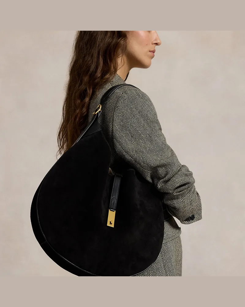 Ralph Lauren Große Schultertasche Polo ID aus Wildleder Black