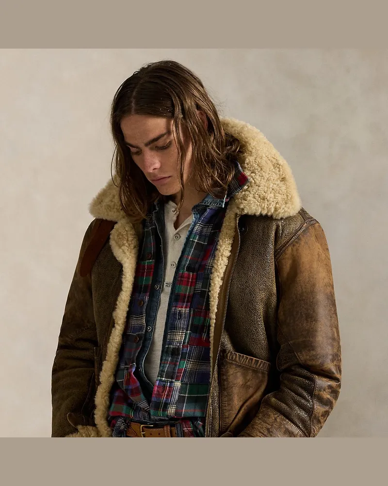 Ralph Lauren Lammfell-Bomberjacke mit Lederbesatz Brown