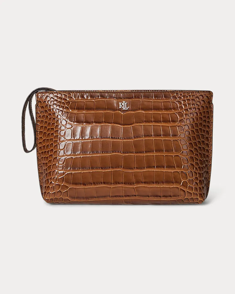 Ralph Lauren Große Lederpochette mit Krokodilprägung Brown