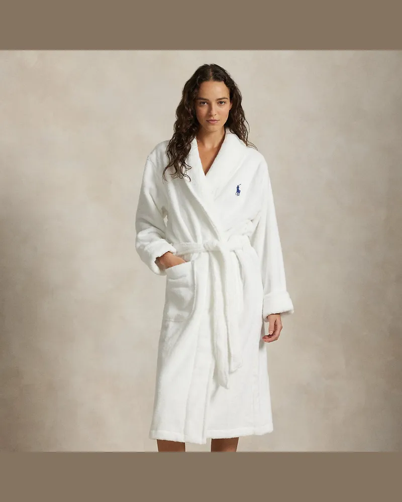 Ralph Lauren Striped Polo Bear Cotton Robe White