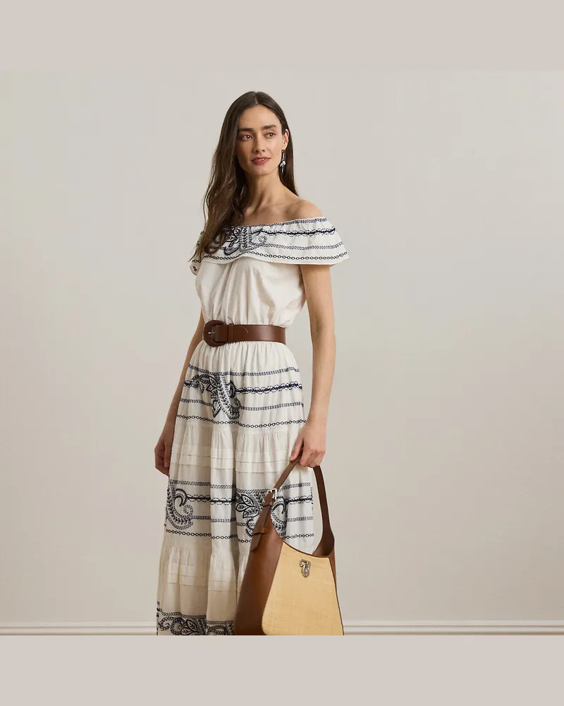 Ralph Lauren Schulterfreies Voile-Kleid mit Stickerei White