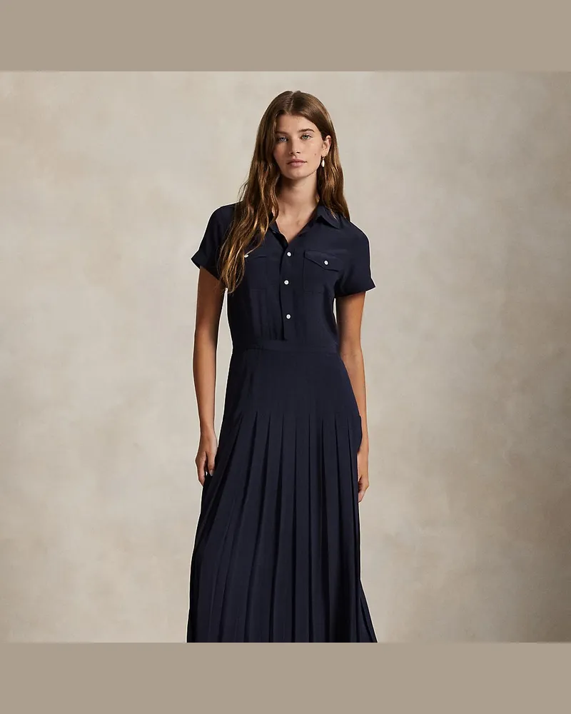 Ralph Lauren Seidencrêpe-Hemdkleid mit Faltenrock Blue