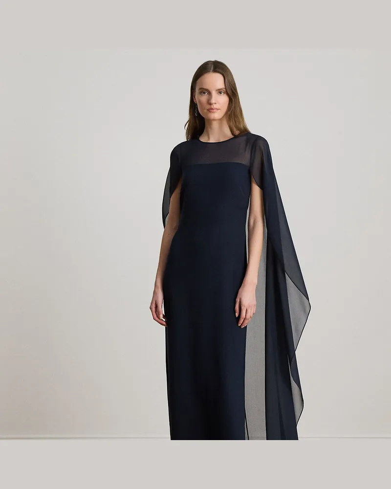 Ralph Lauren Georgette-Abendkleid mit Cape Blue