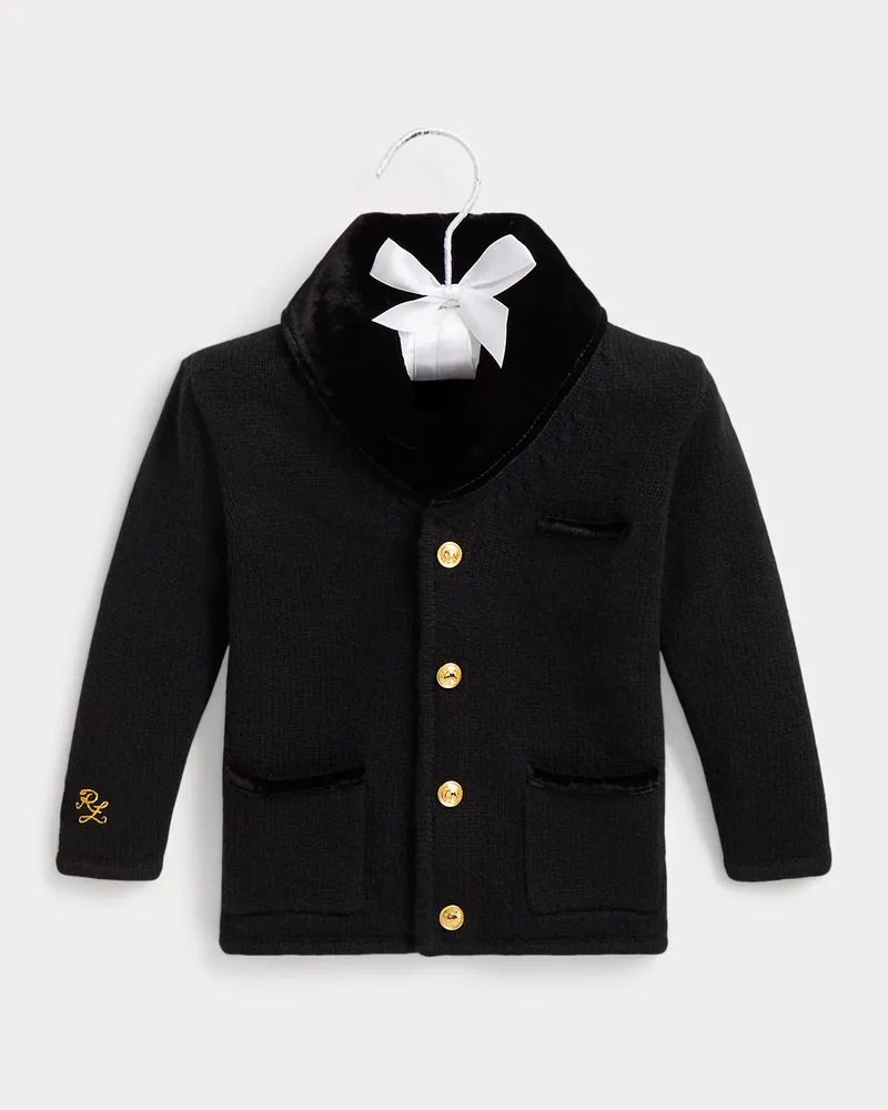 Ralph Lauren Strickjacke aus Wolle mit Samtkragen Black