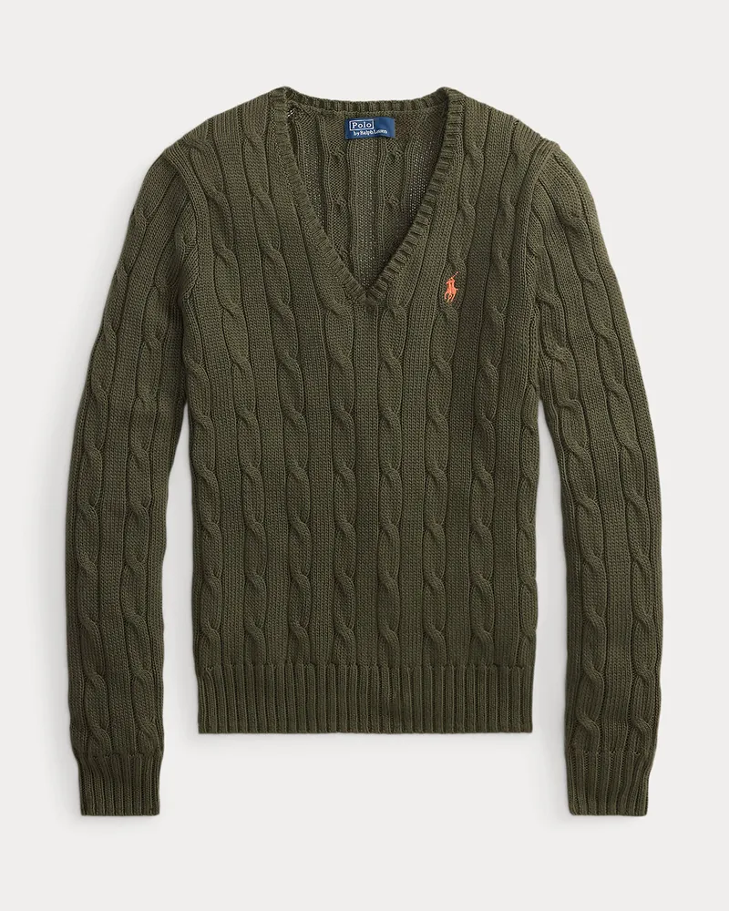 Ralph Lauren Zopfmusterpullover mit V-Ausschnitt Green