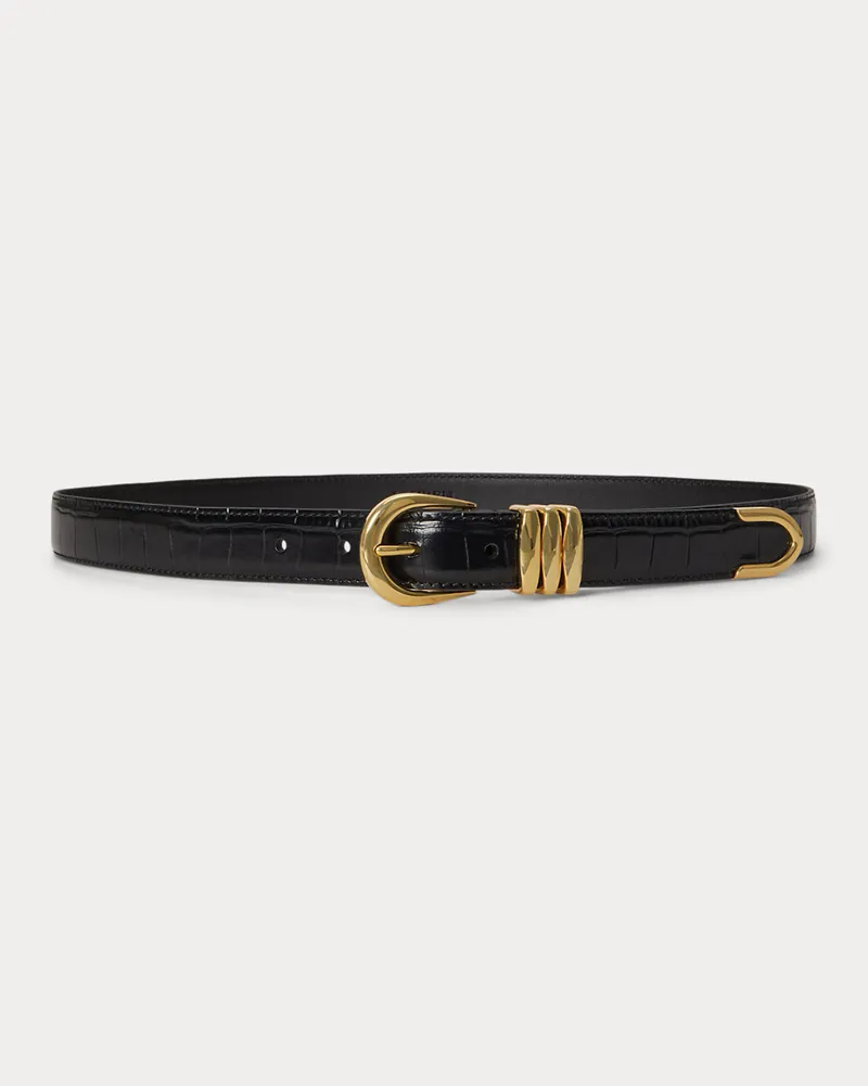 Ralph Lauren Schmaler Gürtel mit Krokodilprägung Black