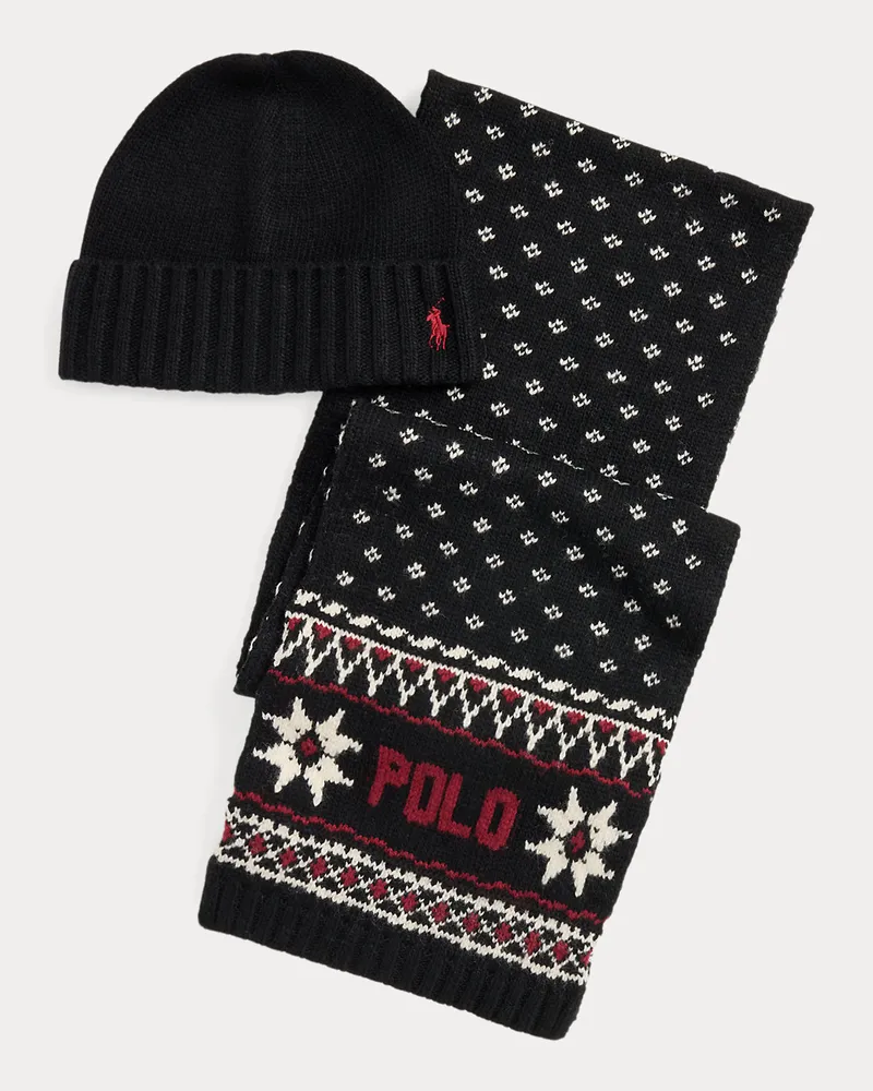 Ralph Lauren Set aus Mütze & Schal mit Schneeflocken Black