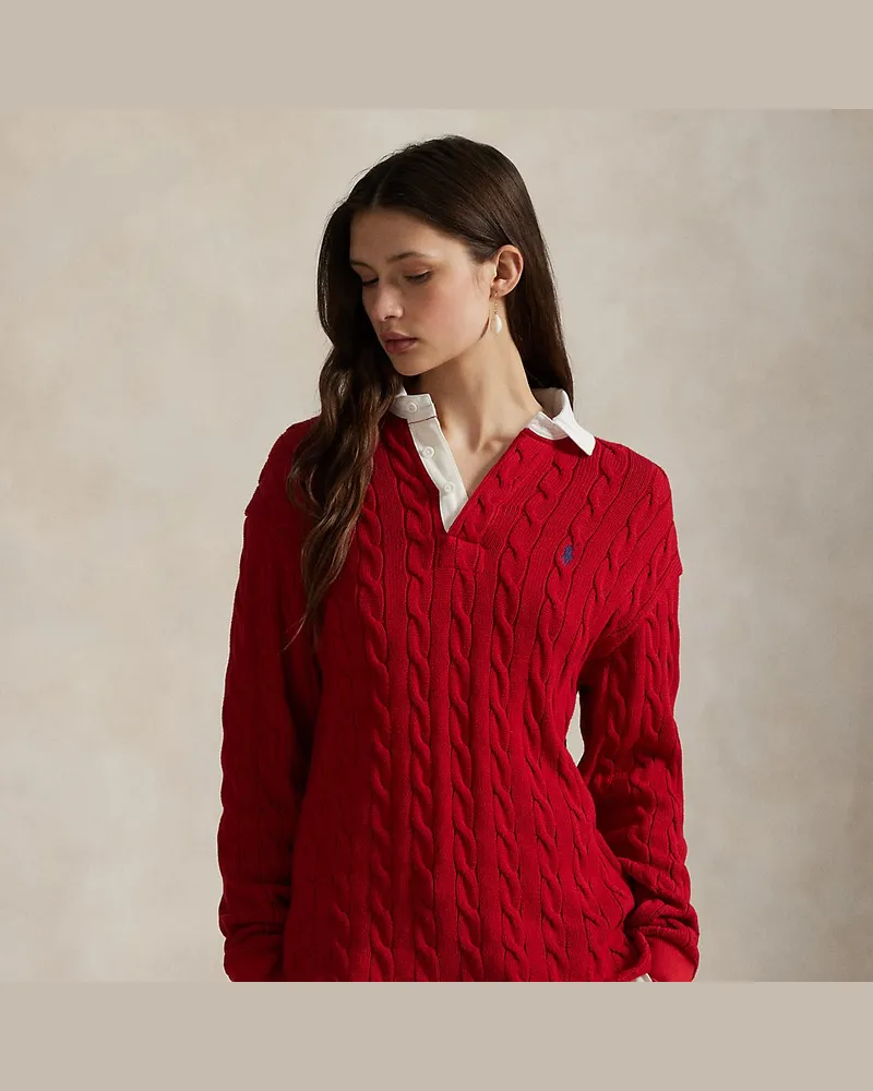 Ralph Lauren Baumwoll-Rugbyhemd mit Zopfmuster Red
