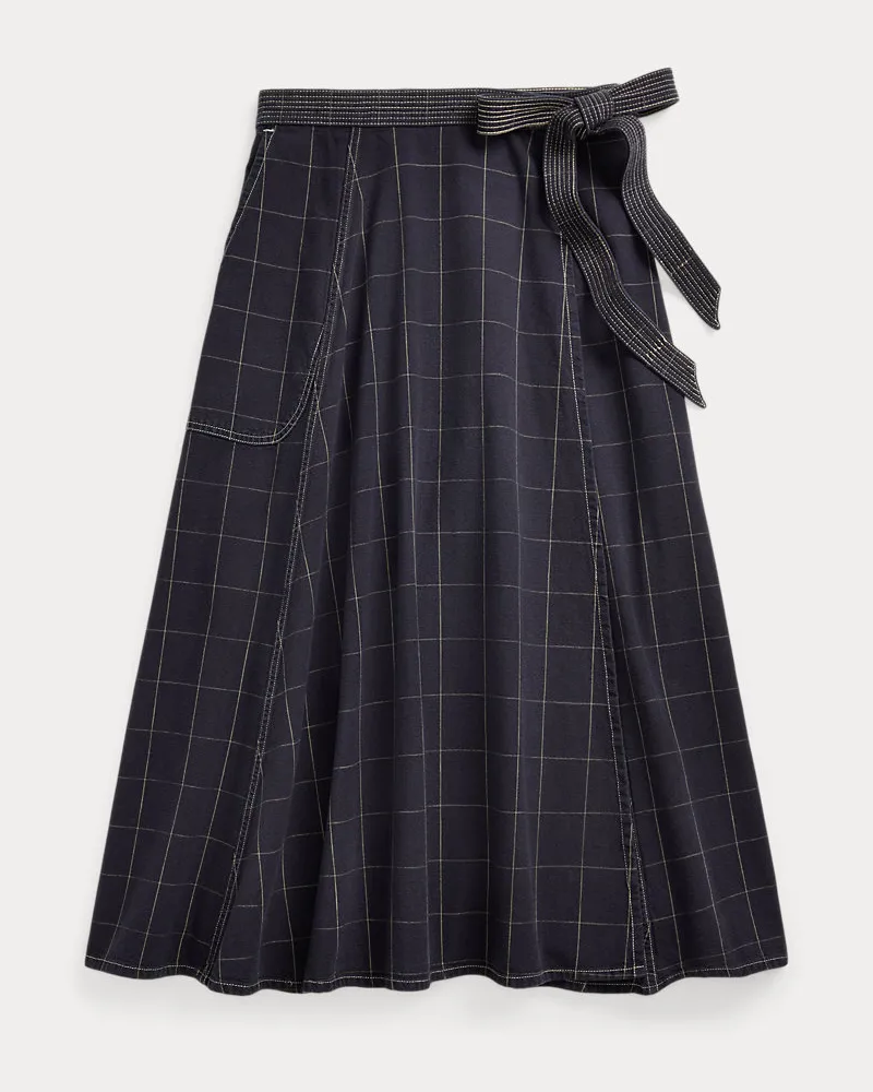 Ralph Lauren Leinen-Wickelrock mit Windowpane-Karo Blue