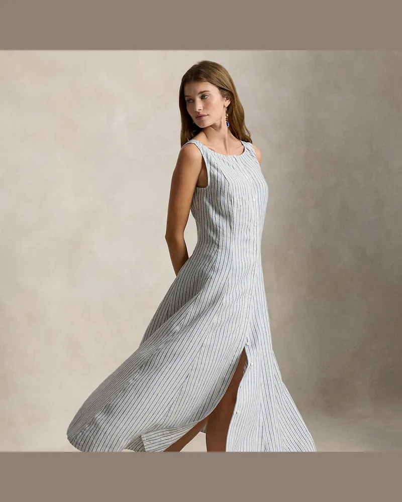 Ralph Lauren Gestreiftes Bahnenkleid aus Leinen Blue