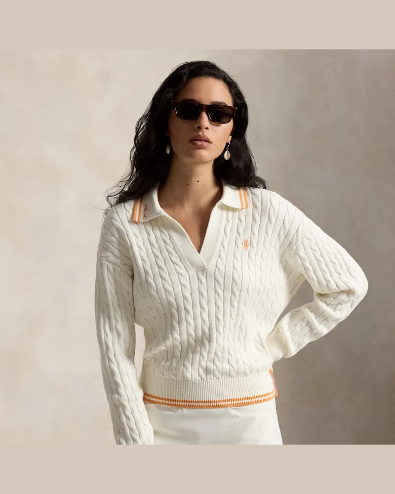Ralph Lauren Pullover mit Zopfmuster und Polokragen White
