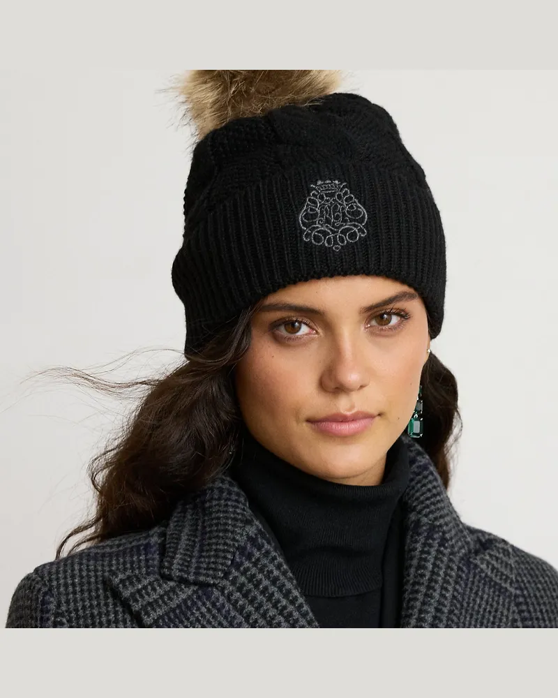 Ralph Lauren Bommelmütze mit Zopfmuster und Wappen Black