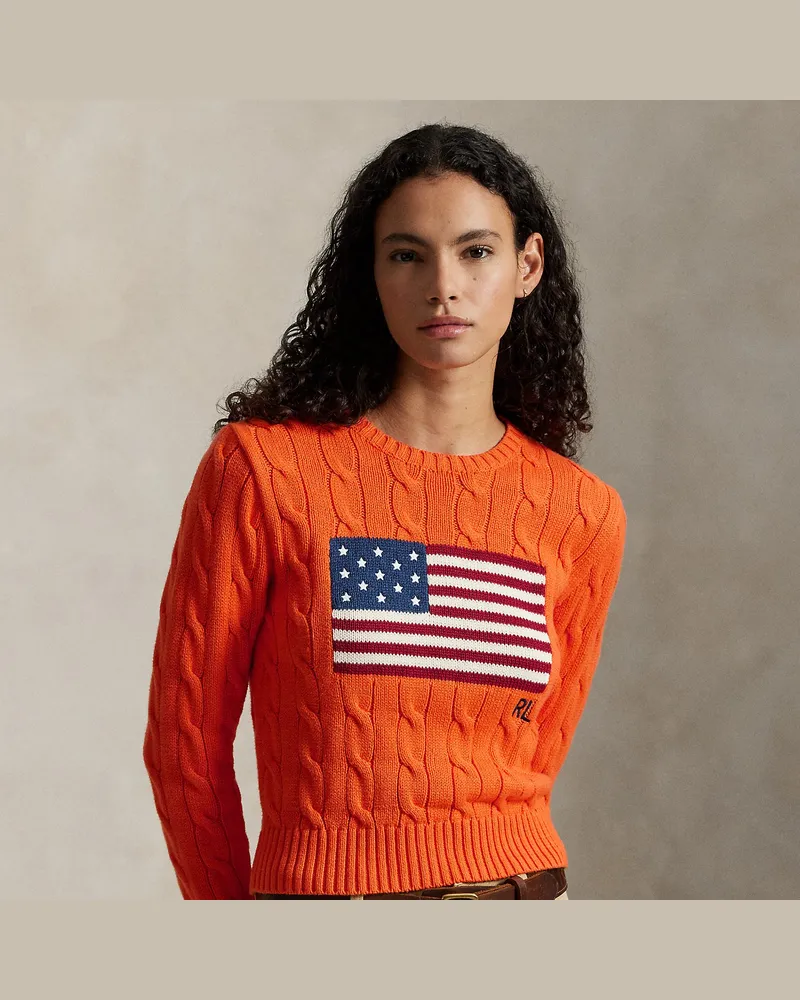 Ralph Lauren Kurzer Zopfmusterpullover mit US-Flagge Orange