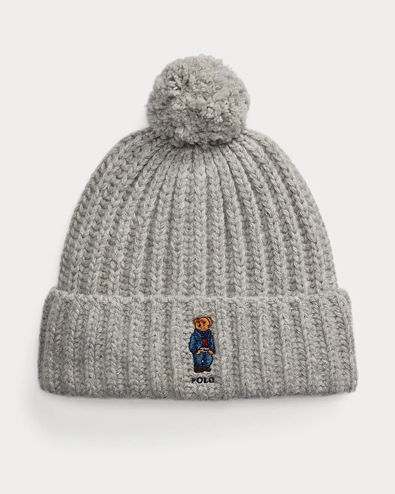 Ralph Lauren Gerippte Bommelmütze mit Polo Bear Grey