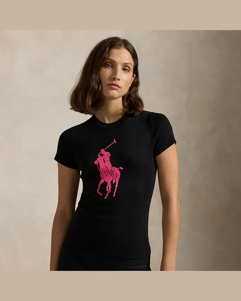 Ralph Lauren Geripptes Baumwoll-T-Shirt mit Pink Pony Black