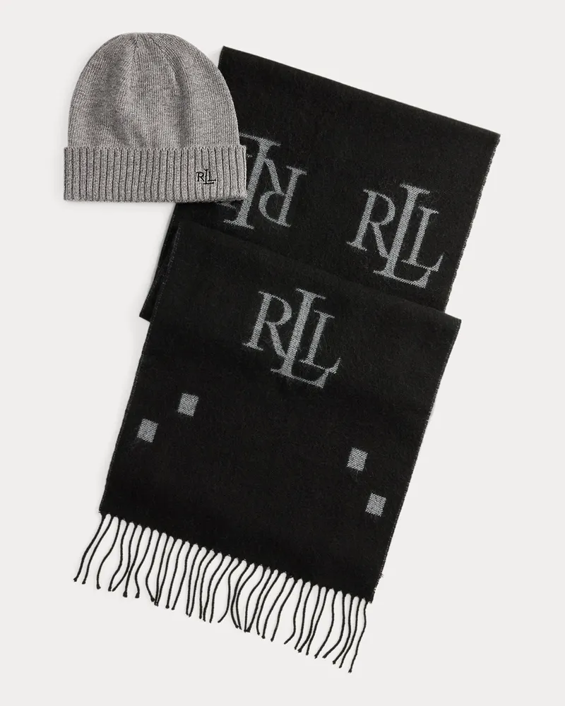 Ralph Lauren Set aus Schal und Strickmütze mit Logo Grey