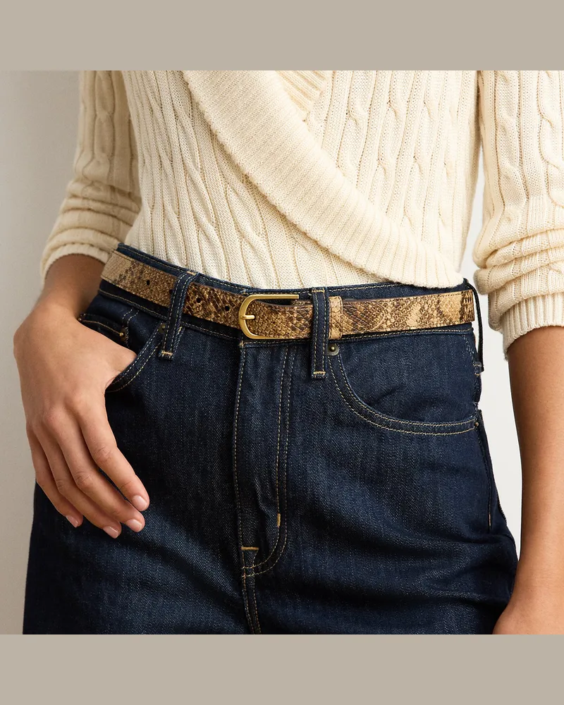 Ralph Lauren Schmaler Ledergürtel mit Pythonprägung Tan