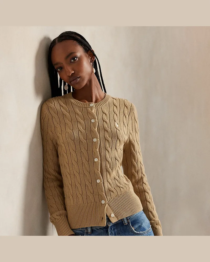 Ralph Lauren Rundhalsstrickjacke mit Zopfmuster Tan