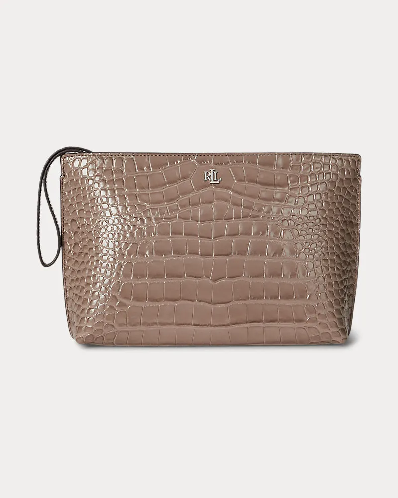 Ralph Lauren Große Lederpochette mit Krokodilprägung Brown