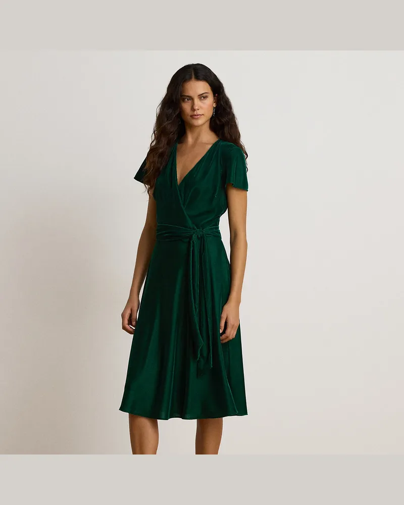 Ralph Lauren Samtkleid mit V-Ausschnitt und Gürtel Green