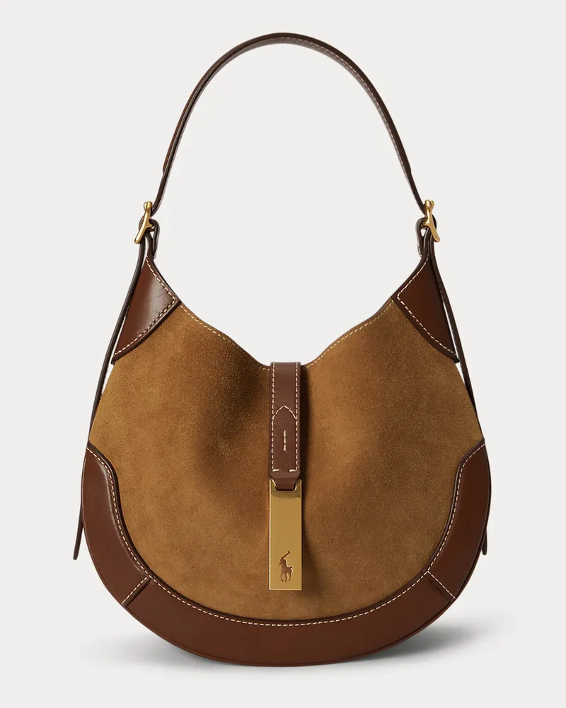 Ralph Lauren Kleine Wildleder-Schultertasche Polo ID Brown