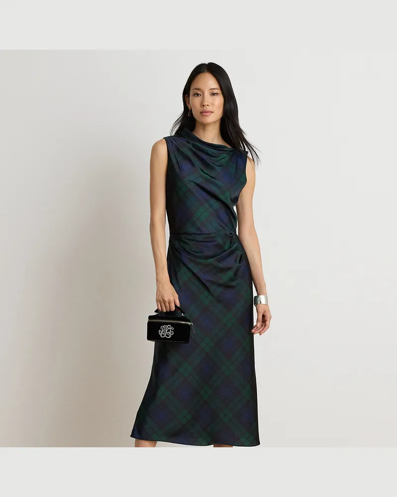 Ralph Lauren Kariertes Kleid aus Satin-Charmeuse Blue