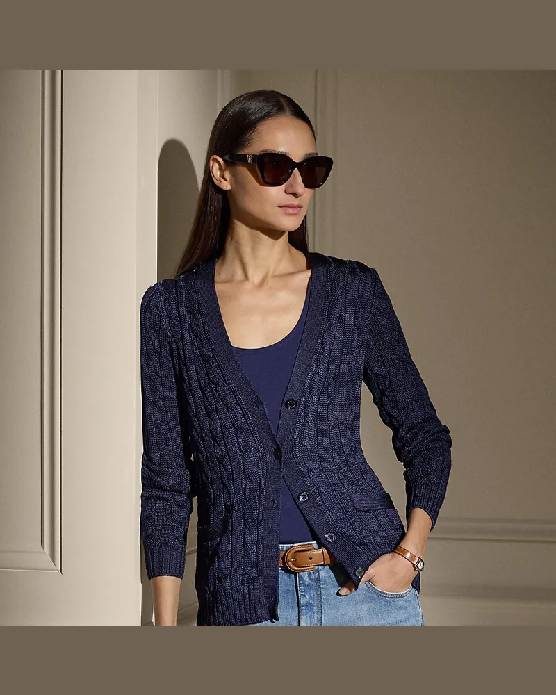 Ralph Lauren Seiden-Strickjacke mit Zopfmuster Blue