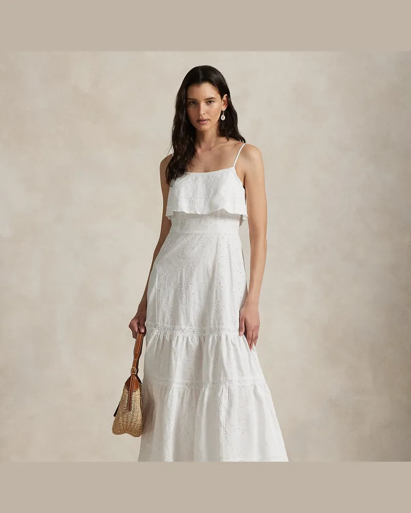 Ralph Lauren Gestuftes Maxikleid mit Lochstickerei White