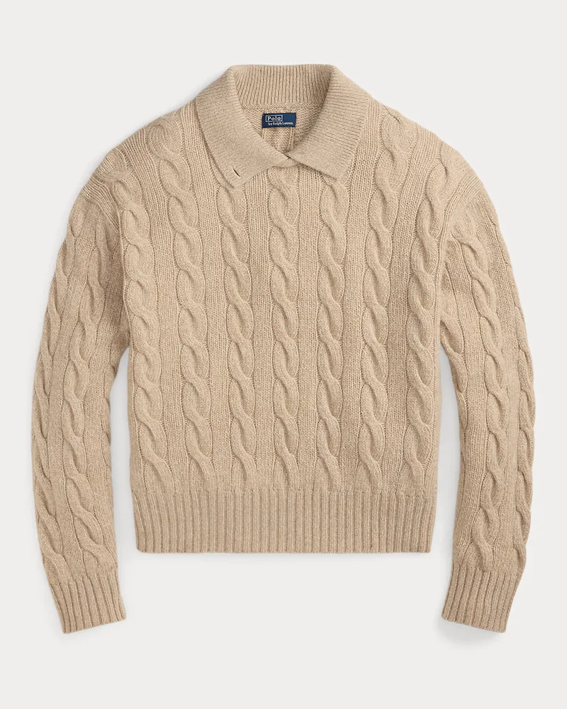 Ralph Lauren Pullover mit Zopfmuster und Polokragen Tan